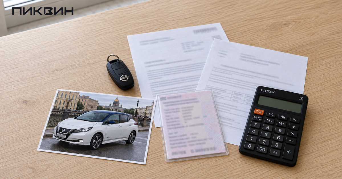Документы на электромобиль, калькулятор и фотография Nissan Leaf на домашнем столе.