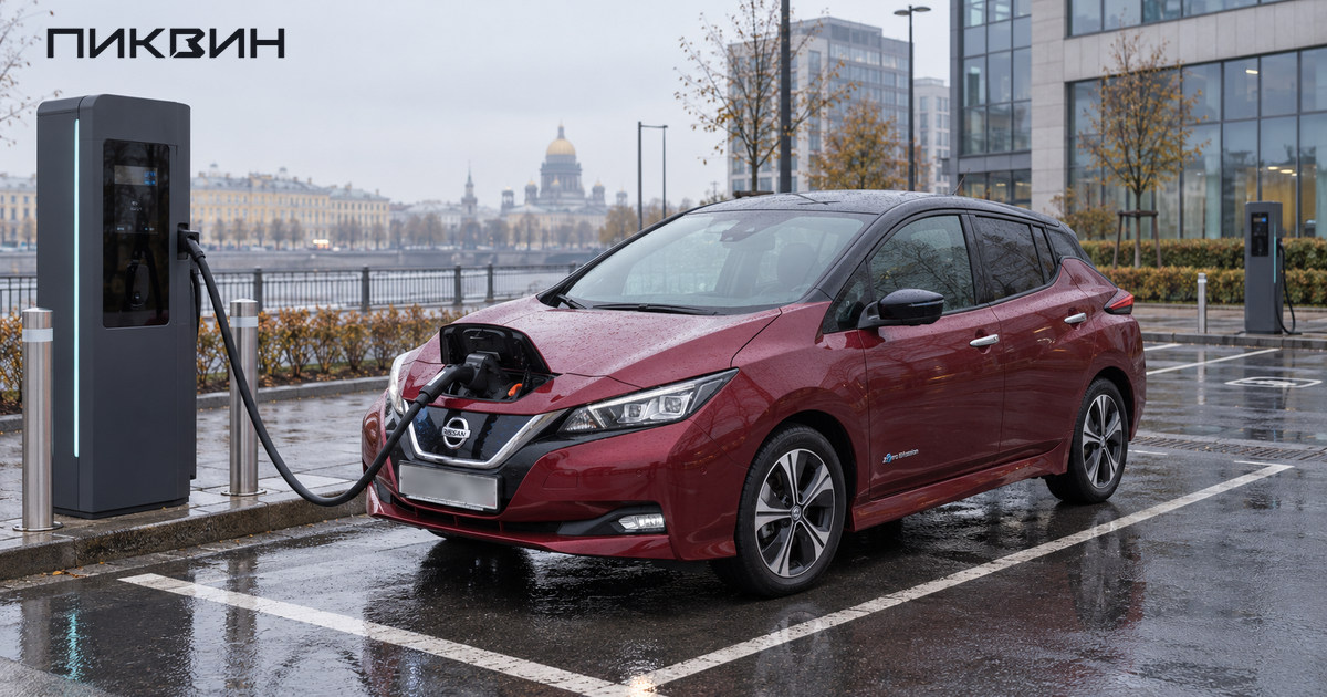 Бордовый Nissan Leaf заряжается через передний разъём на городской площадке.