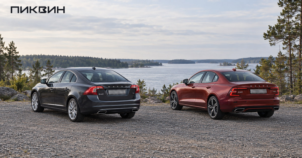 Два седана Volvo S60 разных поколений стоят рядом у озера в Ленинградской области.