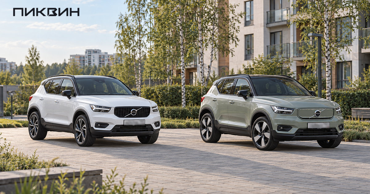 Белый бензиновый Volvo XC40 и зелёный электрический XC40 Recharge на одной площадке.
