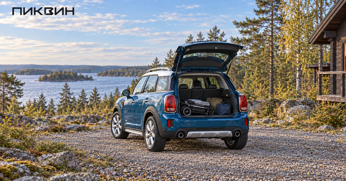 MINI Countryman с открытой вверх багажной дверью, коляской и дорожными сумками перед поездкой в область.