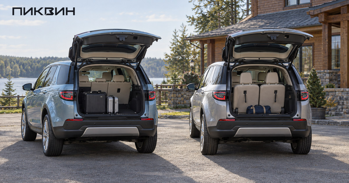 Два Land Rover Discovery Sport с открытыми багажниками показывают разницу между местом для чемоданов и поднятым третьим рядом.