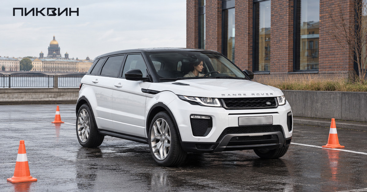 Белый Range Rover Evoque на площадке с парковочными конусами; водитель оценивает обзор.