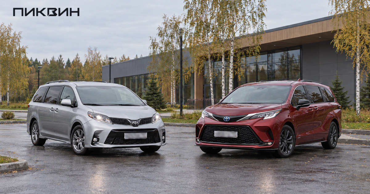 Серебристая Toyota Sienna третьего поколения и красная Sienna четвёртого поколения рядом.