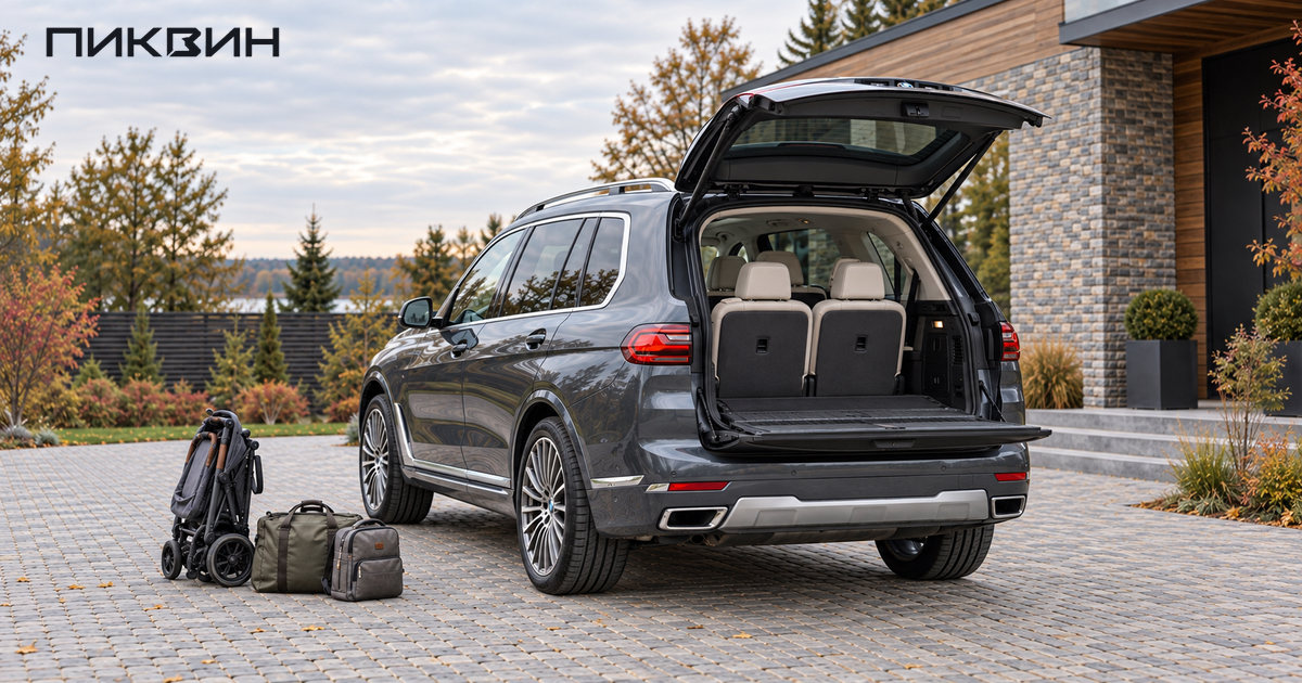 BMW X7 с открытой двухсекционной задней дверью и поднятыми креслами третьего ряда; рядом коляска и сумки.