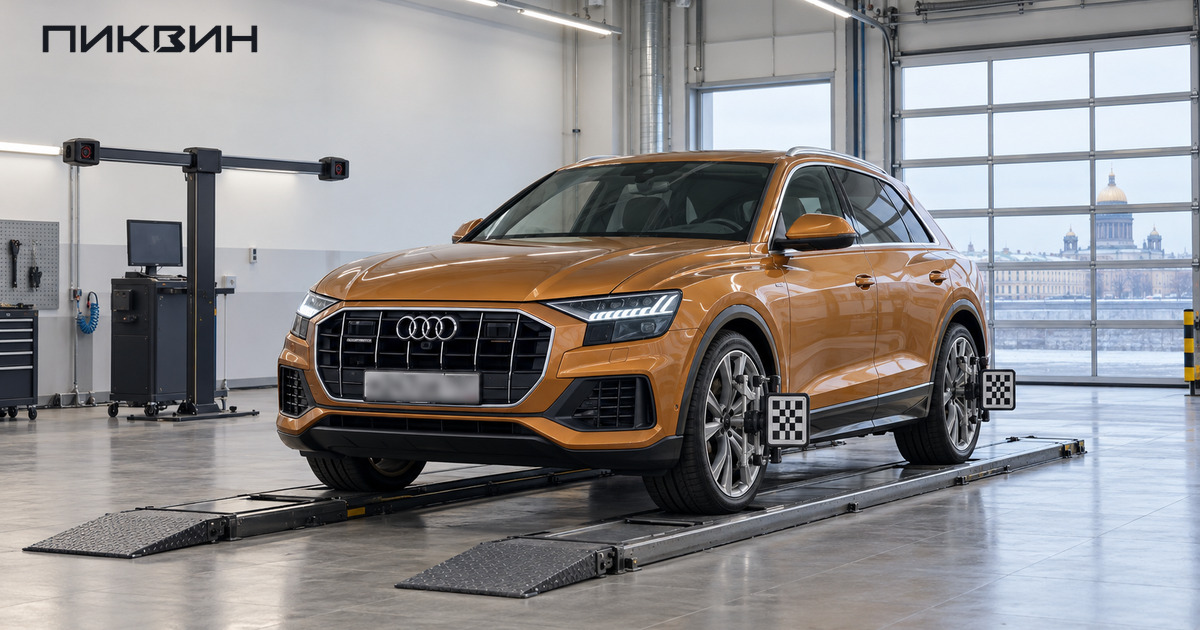Золотистый Audi Q8 на стенде сход-развала с оптическими мишенями на колёсах.