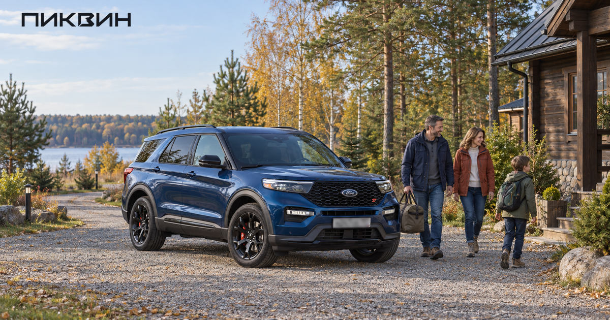 Синий Ford Explorer у загородного дома; родители и ребёнок идут с дорожной сумкой.