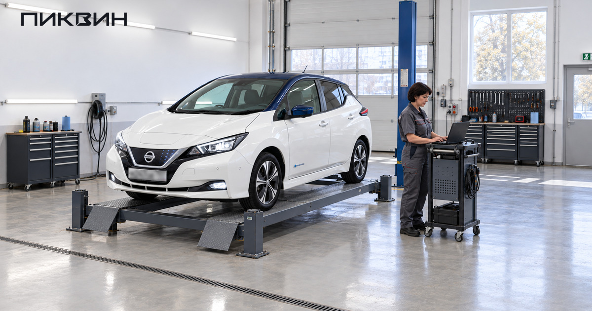 Nissan Leaf на подъёмнике; специалист работает с диагностическим компьютером рядом с автомобилем.