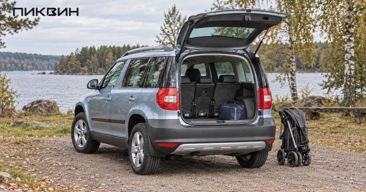 Skoda Yeti с поднятой задней дверью, сумкой в багажнике и сложенной коляской рядом.