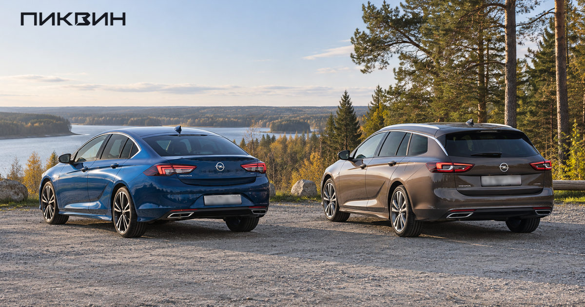 Синий Opel Insignia Grand Sport и серый универсал Sports Tourer на площадке у озера.