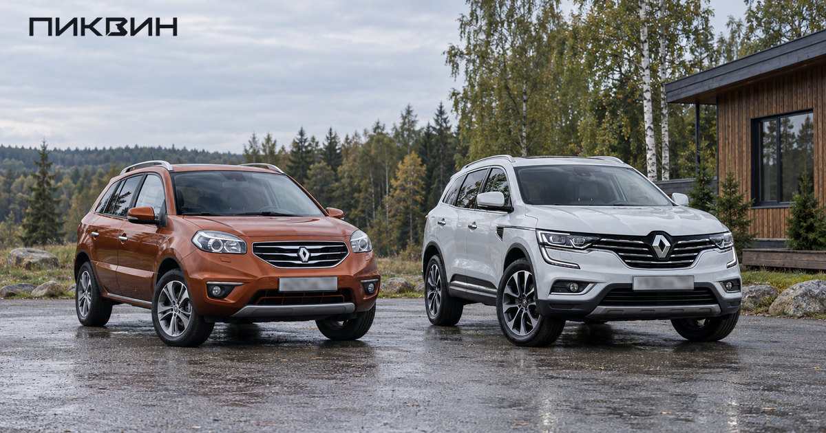 Оранжевый Renault Koleos первого поколения и белый Koleos второго поколения рядом у загородного дома.