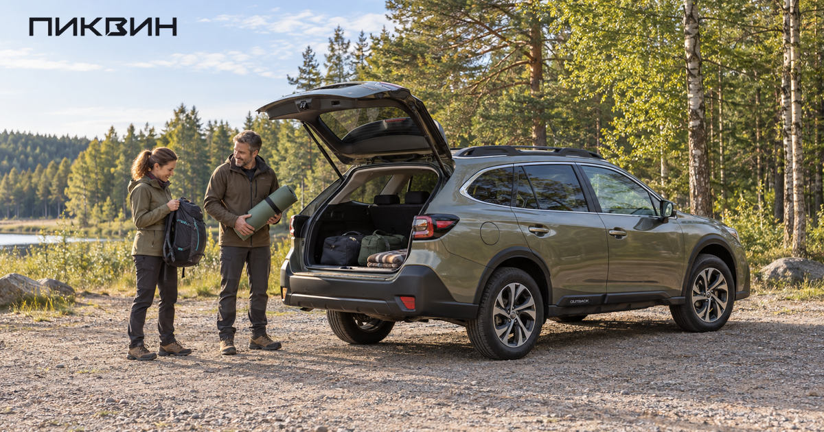 Subaru Outback с открытым багажником и двумя взрослыми, готовящими снаряжение для загородной поездки.