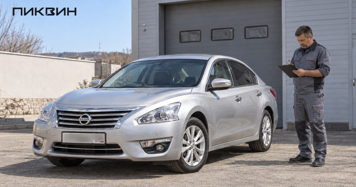 Специалист изучает результаты проверки рядом с Nissan Teana поколения L33.