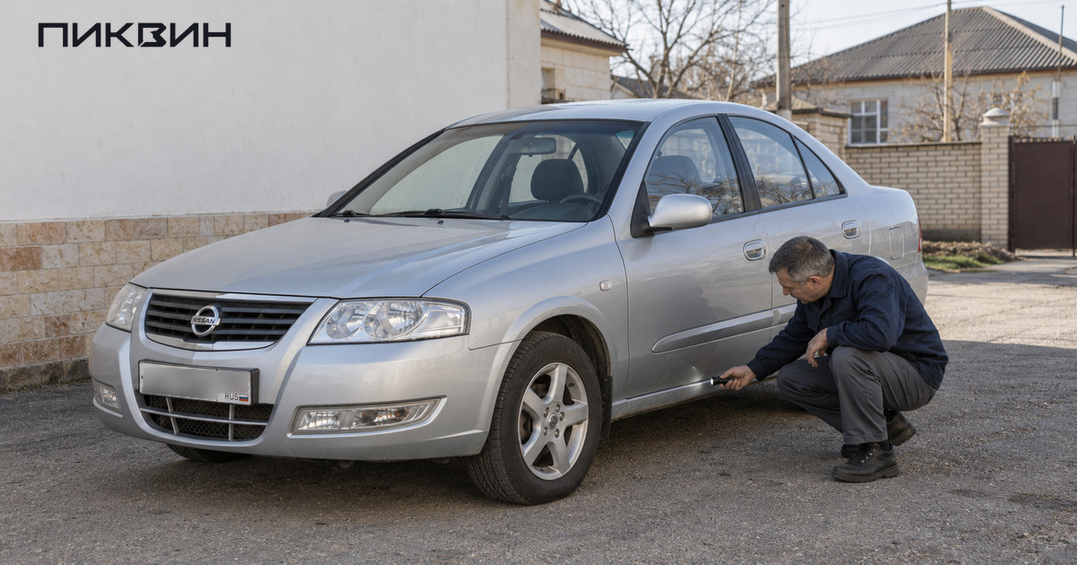 Мастер проверяет нижнюю кромку кузова Nissan Almera Classic с фонариком.