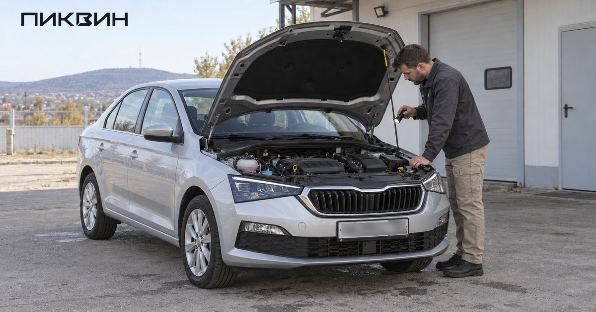 Механик осматривает двигатель Skoda Rapid 1.6 с фонариком у открытого капота.