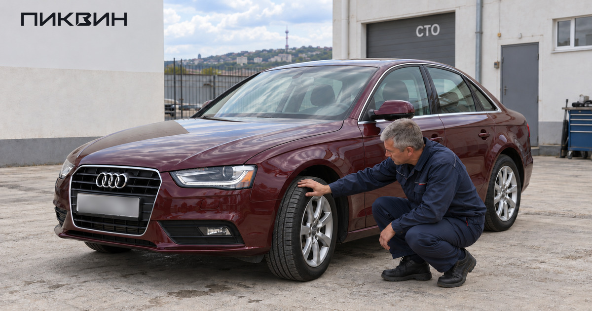Мастер проверяет шину Audi A4 B8 перед покупкой подержанного автомобиля.