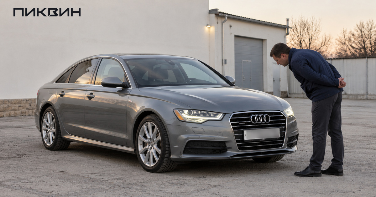 Специалист осматривает включённые фары Audi A6 C7 на площадке сервиса.