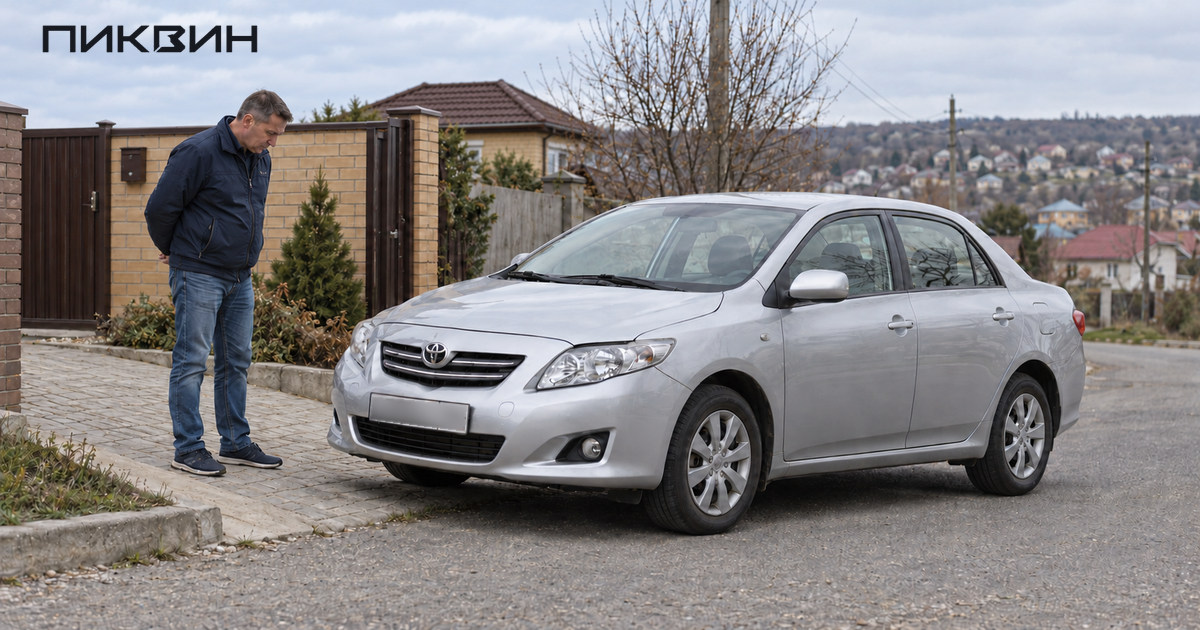 Серебристая Toyota Corolla E150 у дома, покупатель оценивает автомобиль перед осмотром.