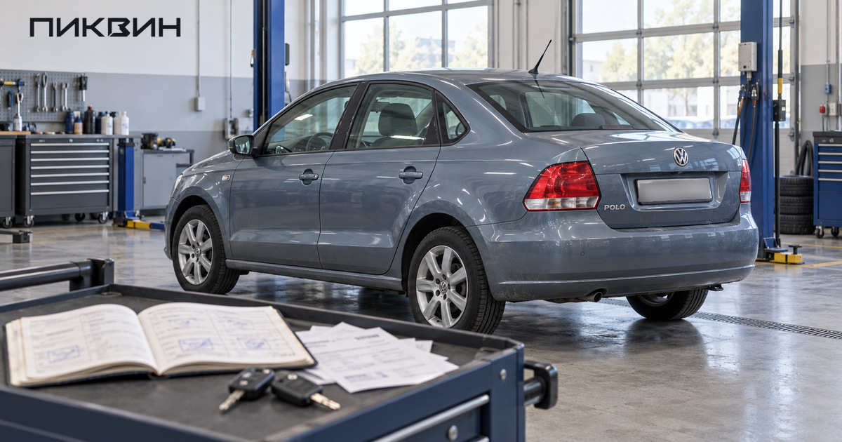 Серо-синий Volkswagen Polo Sedan в сервисе; на тележке лежат сервисная книжка, документы и ключи.