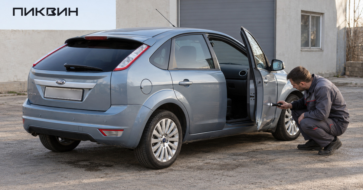 Механик проверяет фонариком нижнюю кромку передней двери Ford Focus II.