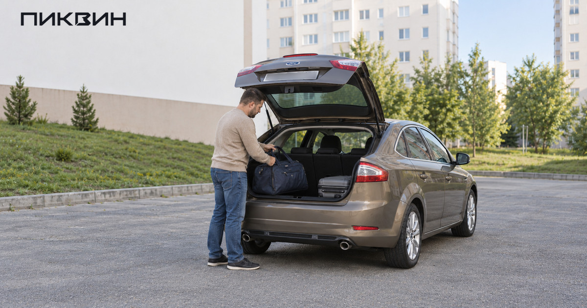 Покупатель примеряет дорожные сумки к багажнику пятидверного Ford Mondeo IV.