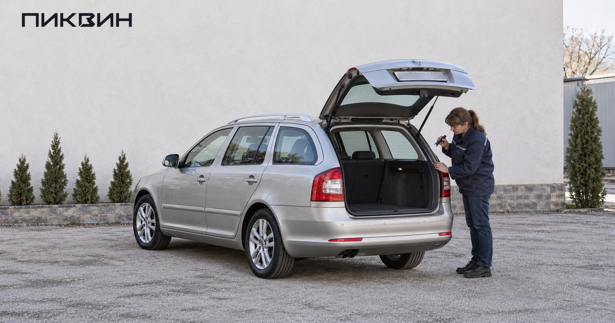 Специалист проверяет уплотнение багажного проёма Skoda Octavia A5 Combi.