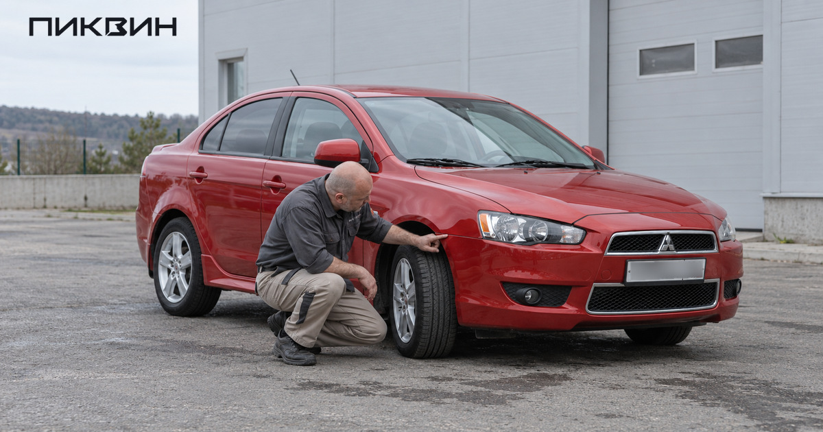 Механик осматривает стык переднего бампера и колёсной арки Mitsubishi Lancer X.