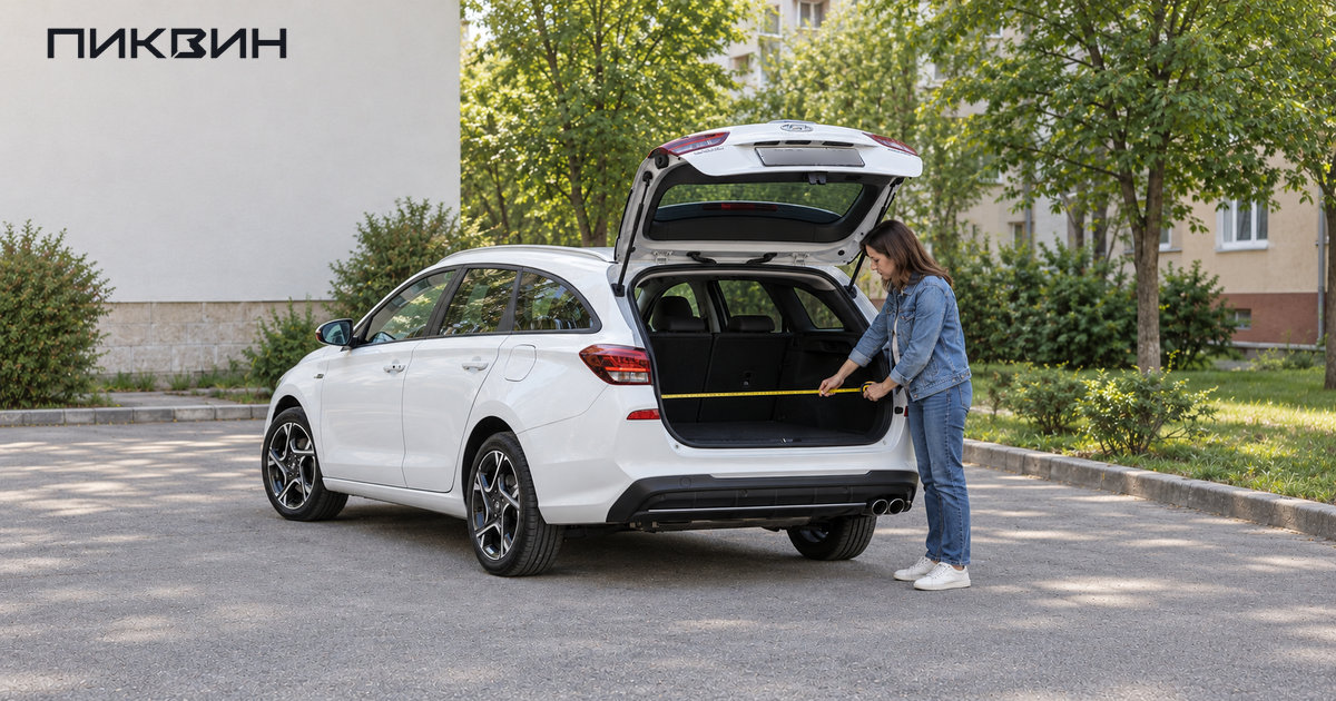 Покупательница измеряет рулеткой ширину багажного проёма Hyundai i30 Wagon.