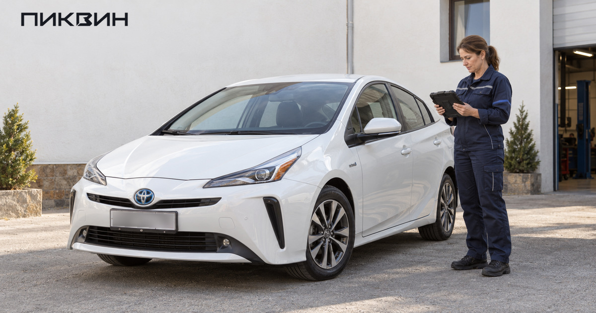 Специалист изучает диагностические данные на планшете рядом с Toyota Prius.