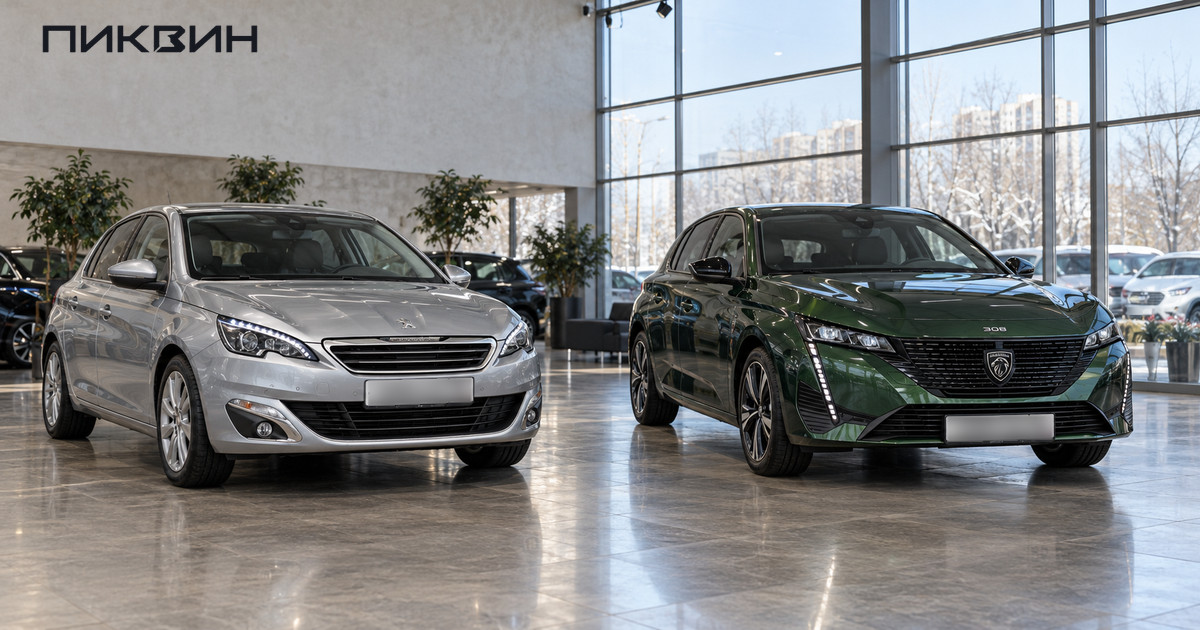 Серебристый Peugeot 308 II и зелёный Peugeot 308 III стоят рядом в светлом салоне.