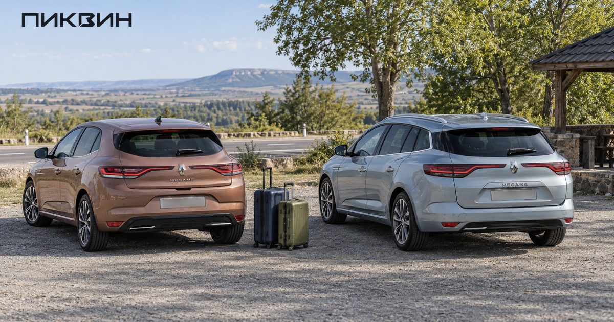 Бронзовый хетчбэк Renault Mégane и серебристый универсал Sport Tourer стоят рядом с двумя чемоданами.