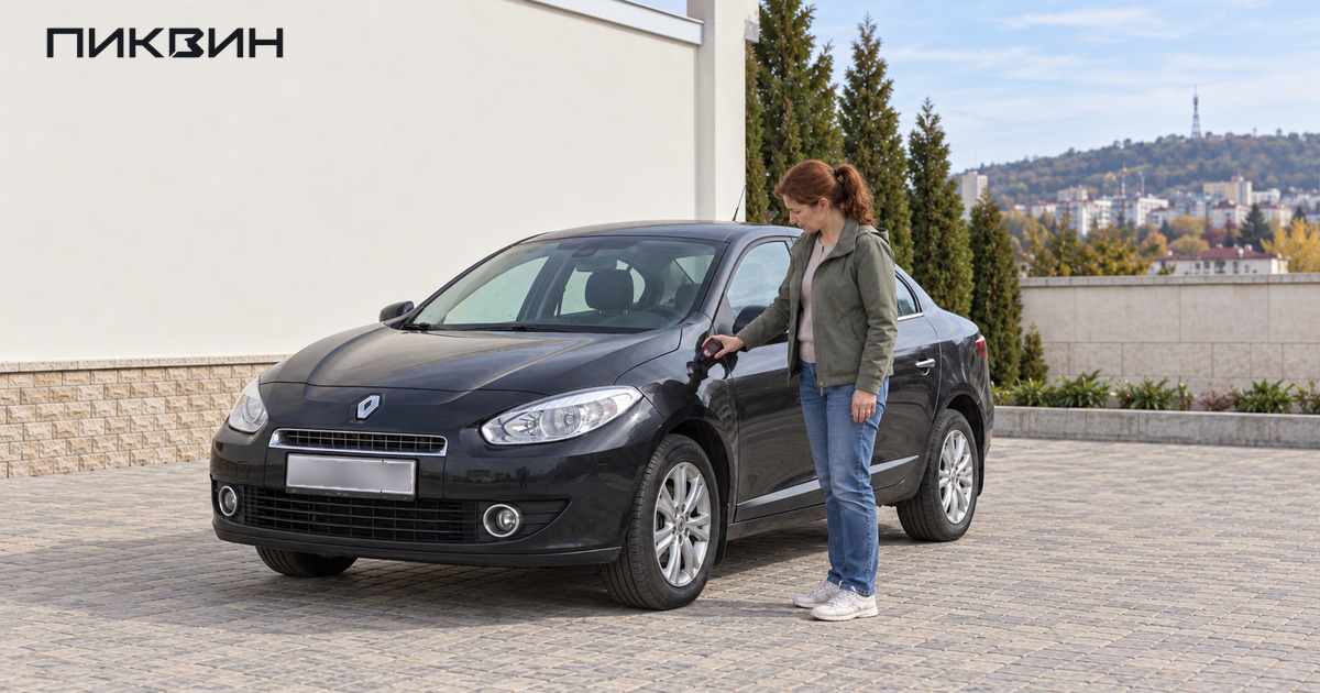 Покупательница проверяет покрытие крыла Renault Fluence толщиномером.