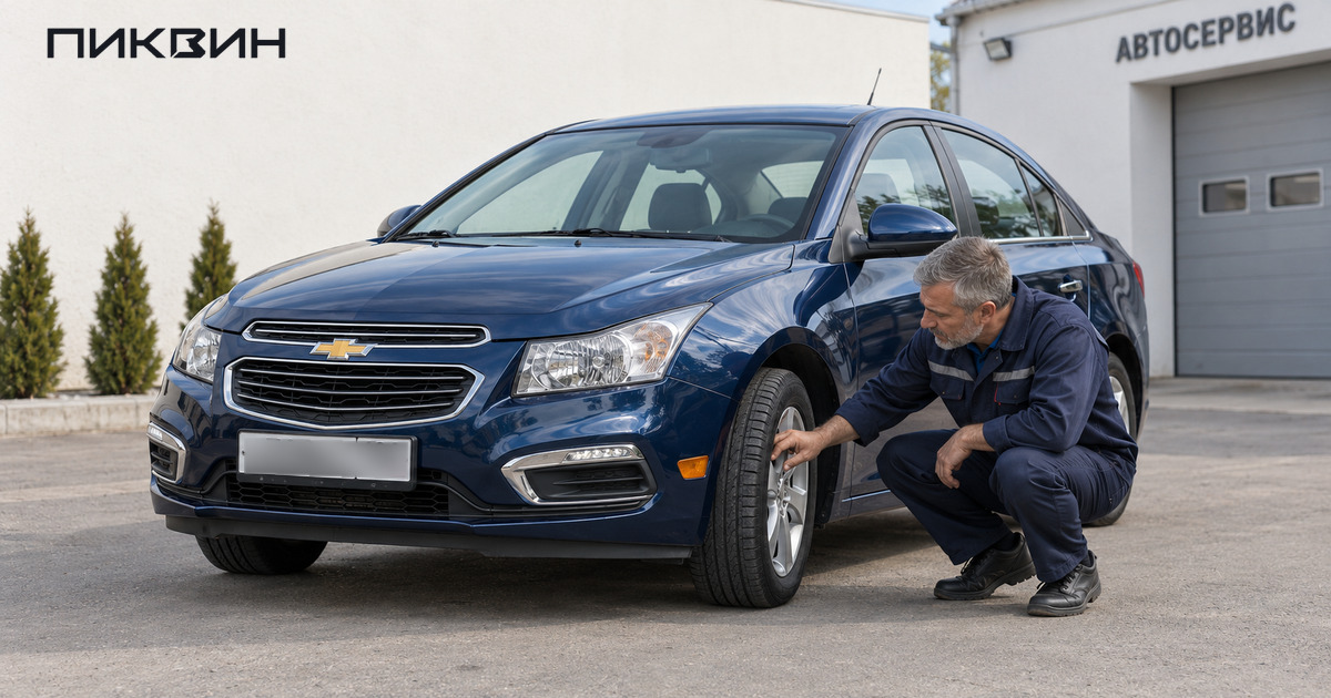 Специалист осматривает переднюю шину Chevrolet Cruze Limited перед покупкой.