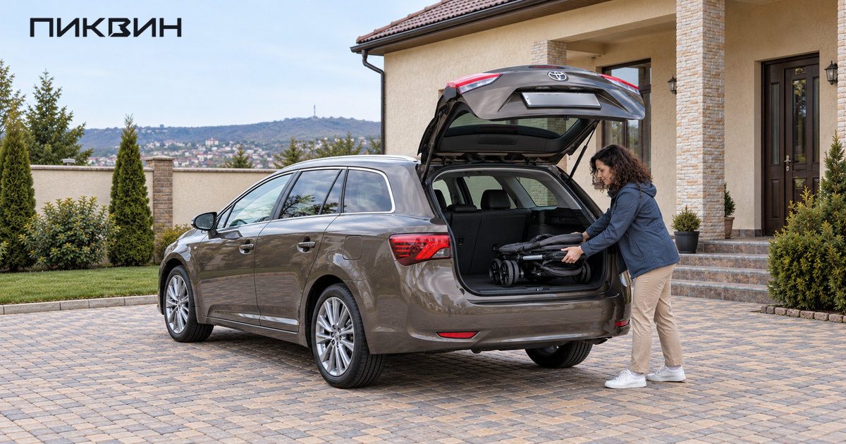 Покупательница примеряет сложенную коляску к багажнику Toyota Avensis Touring Sports.