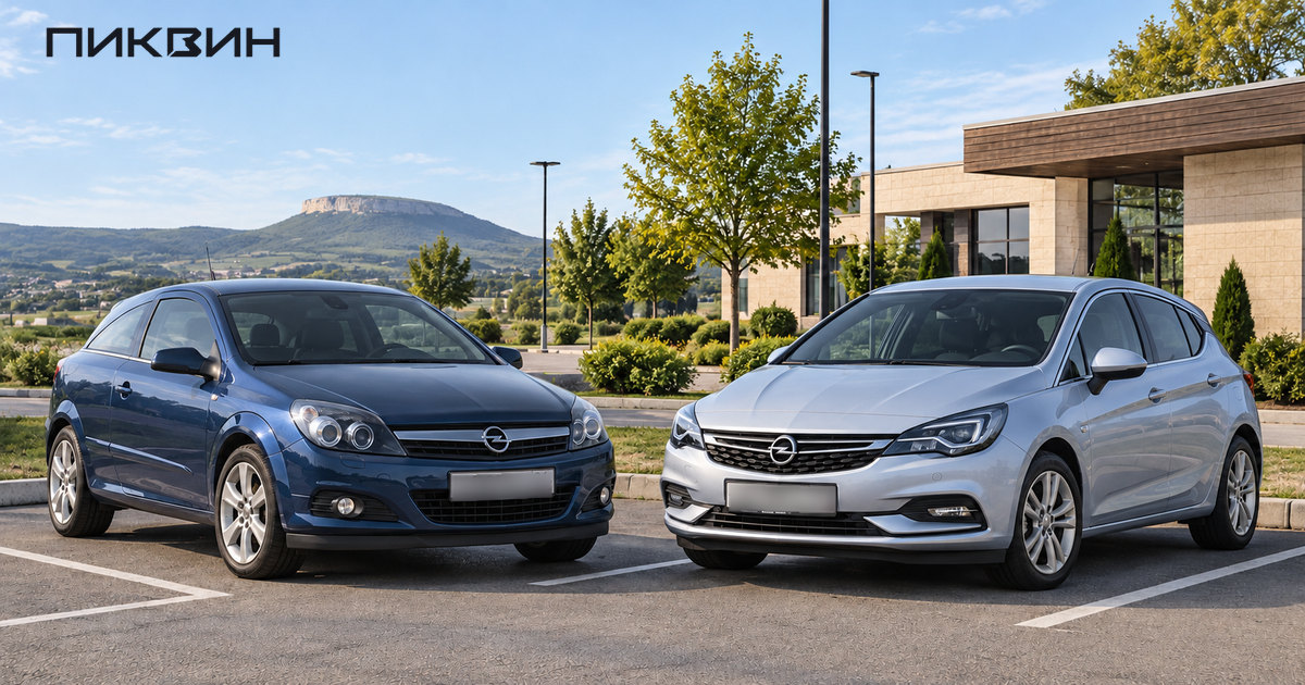 Синий Opel Astra H GTC и серебристый Astra K рядом, различаются кузов, двери и передняя оптика.