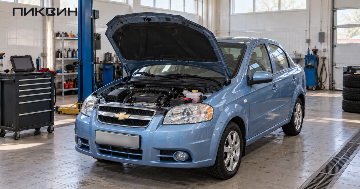 Голубой Chevrolet Aveo T250 в сервисном боксе с правильно поднятым капотом и доступным моторным отсеком.