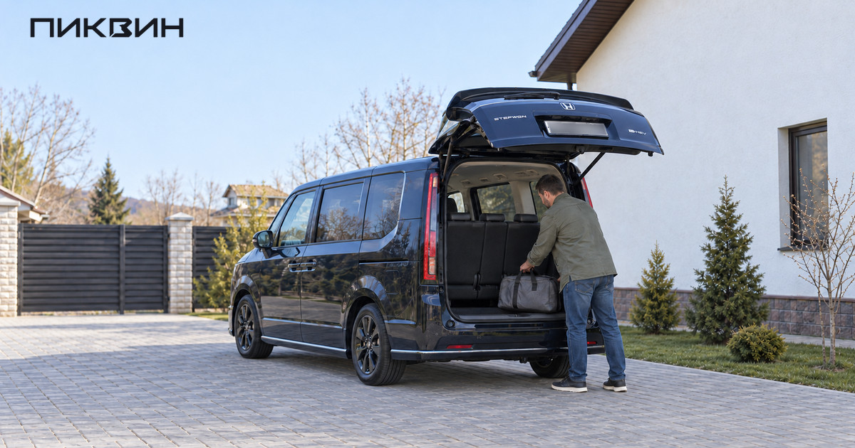 Покупатель проверяет размещение дорожной сумки за третьим рядом Honda Stepwgn.