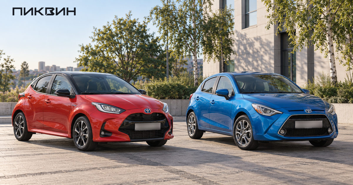 Красный европейский Toyota Yaris XP210 и синий американский Yaris 2020 на базе Mazda2 стоят рядом.