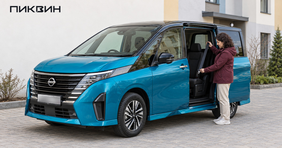 Женщина проверяет ремень второго ряда Nissan Serena через открытую сдвижную дверь.