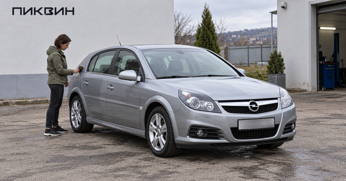 Специалистка проверяет толщину покрытия задней стойки кузова Opel Vectra.