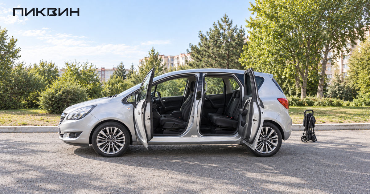 Серебристый Opel Meriva B с открытыми передней и задней дверями, видимыми сиденьями и сложенной коляской рядом.