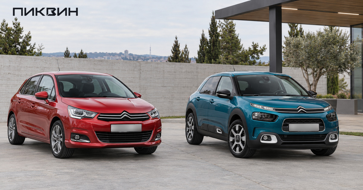 Красный хэтчбек Citroën C4 II и бирюзовый C4 Cactus рядом для сравнения разных семейств.