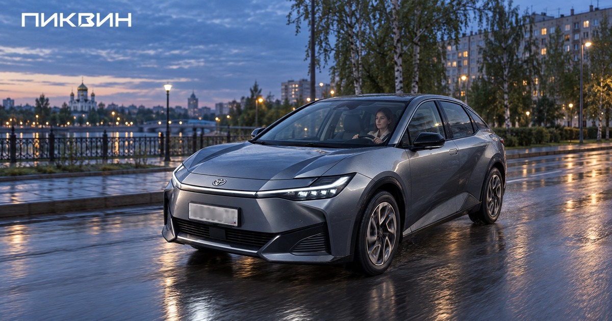 Toyota bZ3 едет по вечерней городской улице, водитель за левым рулём.