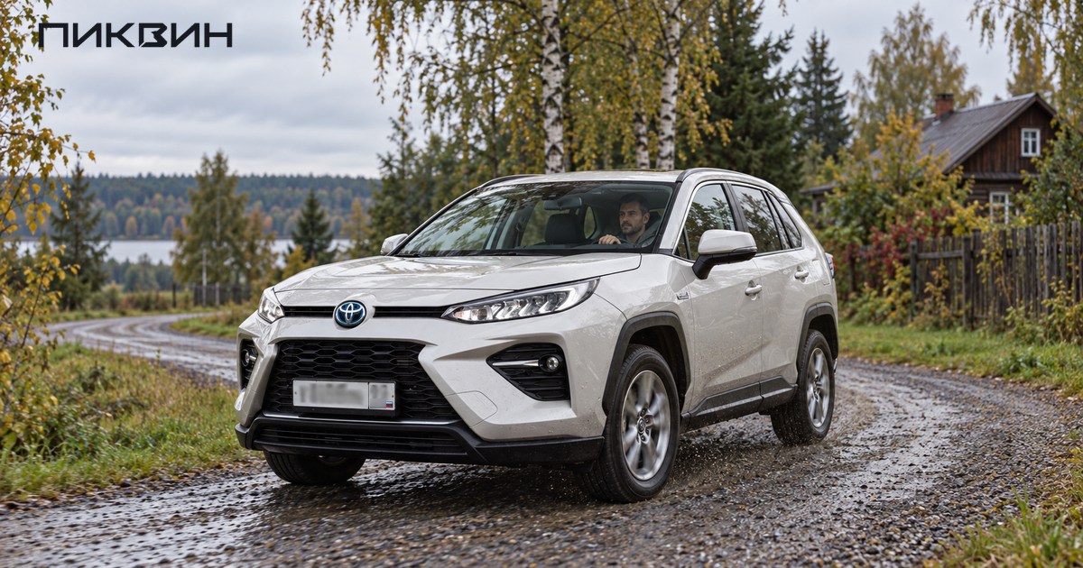 Toyota Wildlander едет по влажной гравийной дороге среди берёз.